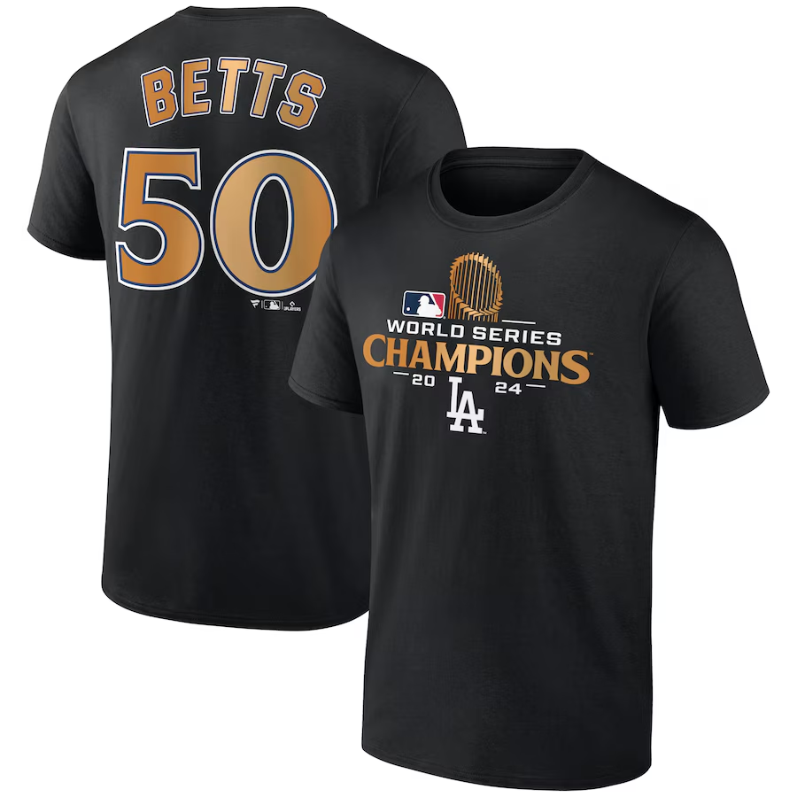 Men Los Angeles Dodgers 50 Betts 2024 MLB World Series Champions black T shirts